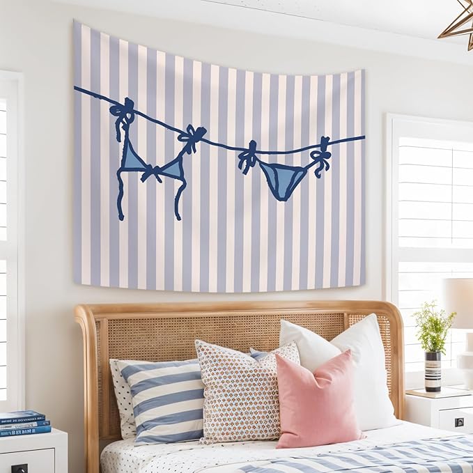 STHTTSW Blue Coastal Bikini Tapestry, Preppy Beachy Tapestries Wall Blanket, Aesthetic Coastal Cowgirl Wall Hanging Decor for Teen Girl Women College Dorm Apartment Bedroom, 50x60 Inch