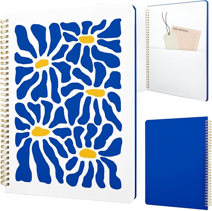 Cute Spiral Notebook journal A4 Aesthetic Pretty Design for Women Girls Kawaii with Pocket, 8.5 x 11 inch, Graph, Blue Flower