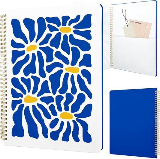 Cute Spiral Notebook journal A4 Aesthetic Pretty Design for Women Girls Kawaii with Pocket, 8.5 x 11 inch, Graph, Blue Flower