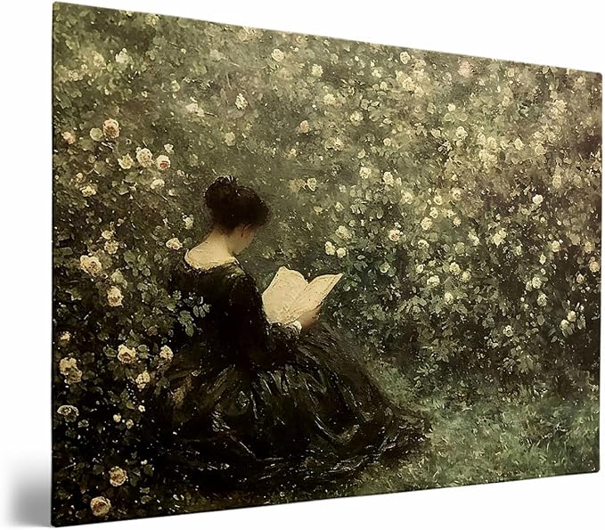 Woman Reading Art Print, Moody Spring Art, Victorian Home Decor, Moody Vintage Flower Art,Victorian Women Reading Art,Reading Room,Library Wall Decor16x24 Framed