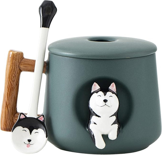DIHOclub Ceramic Coffee Mug with Lid and Matching Spoon,Novelty 3D Husky Pattern Mug for Tea Milk Chocolate Juice,Cute Cup for Dog Lovers,Perfect Gifts-14 Ounces (green)