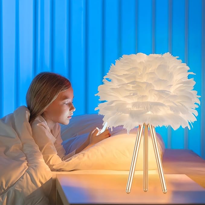 ZYLEIESENBAO White Feather Lamp Furry Table Lamp H16'' Modern Princess Feather Desk Lamp Tripod Fluffy Bedside Nightstand Light for Bedroom Wedding Atmosphere Girl Gift Living Room Retaurant Entryway