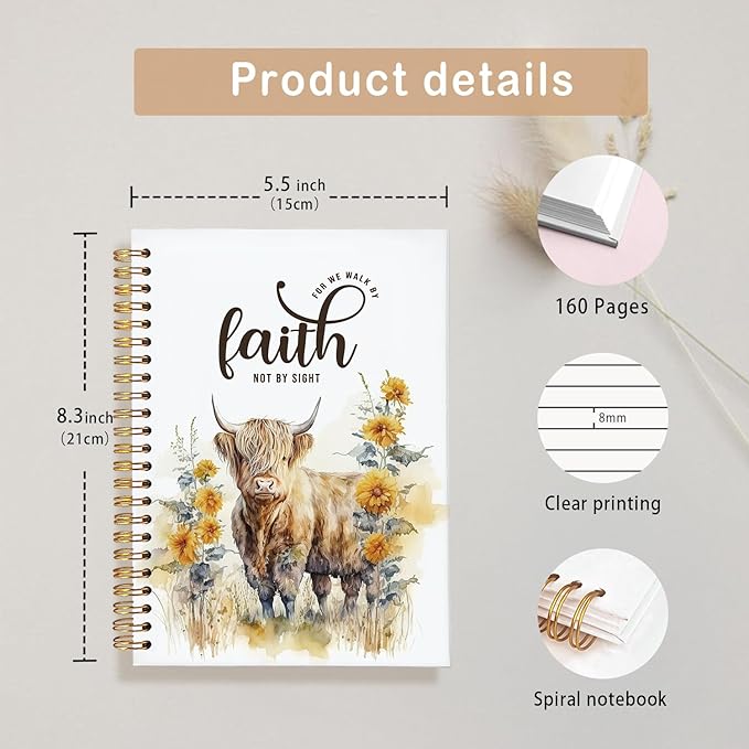 Bible Study Journal, Bible Notebook for Bible Notes, Christian Journals for Women, Highland Cow Gifts for Women,Walk by Faith Highland Cow Notebook Gifts Faith Journal 5.5x8.3