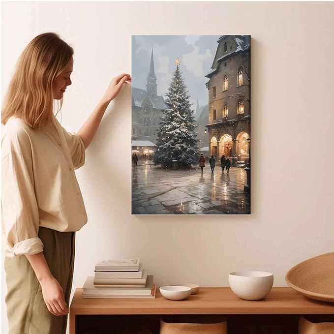 Framed Canvas Wall Art Vintage Christmas Tree Print Moody Winter Wall Art Farmhouse Christmas Decor 24x36in Wood Framed