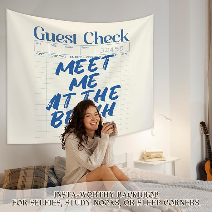 STHTTSW Meet Me at the Beach Tapestry, Trendy Coastal Tapestries Wall Blanket, Blue Typography Ocean Wall Hanging Decor for Beach Bedroom House Cabin Kitchen Living Room, 50x60 Inch