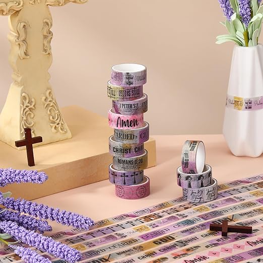 Janlaugh 24 Rolls Christian Washi Tape Gifts Bulk Religious Inspirational Scripture Supplies Bible Verse Tape for Bible Study Journaling Crafting Christmas Stocking Stuffers Gift(Purple)