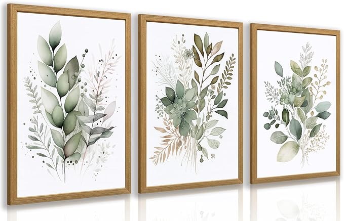 LLEEMPI Sage Green Wall Art Set of 3, Modern Watercolor Botanical Wall Decor, Eucalyptus Leaf Canvas Painting, Classic Minimalist Florals Poster Print for Bedroom Bathroom Office Wood Framed 12x16 Inch