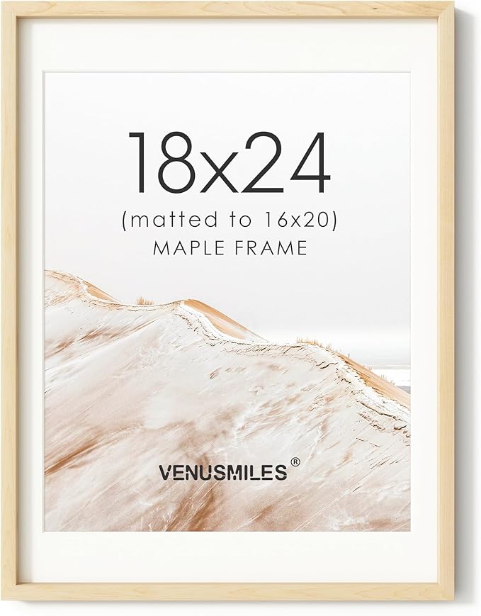 18x24 Poster Frame, USA-Sourced Natural Maple Wood Picture Collage Frame with HD Tempered Glass, Modern Simple 18 x 24 Wooden Photo Frame Matted to 16x20, Vertical & Horizontal Wall Hanging Display