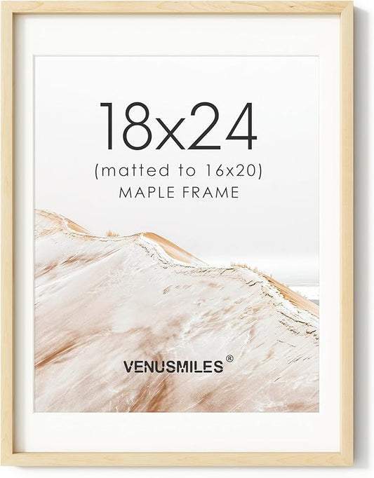 18x24 Poster Frame, USA-Sourced Natural Maple Wood Picture Collage Frame with HD Tempered Glass, Modern Simple 18 x 24 Wooden Photo Frame Matted to 16x20, Vertical & Horizontal Wall Hanging Display