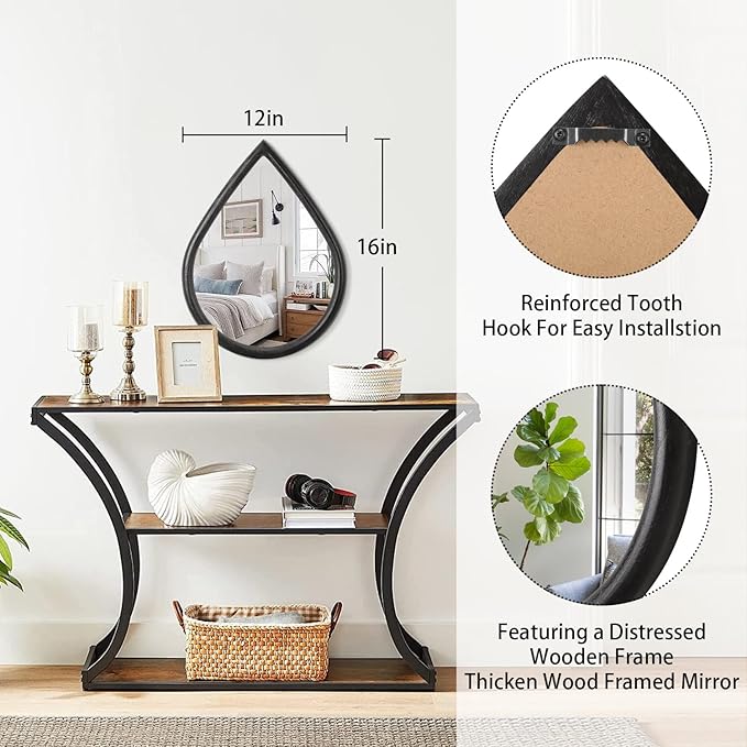 Wood Frame Teardrop Mirror Black Wall Hanging Mirrors Farmhouse Small Decorative Mirrors Oval Unique Mirror for Bathroom Living Room Entryway Hallway