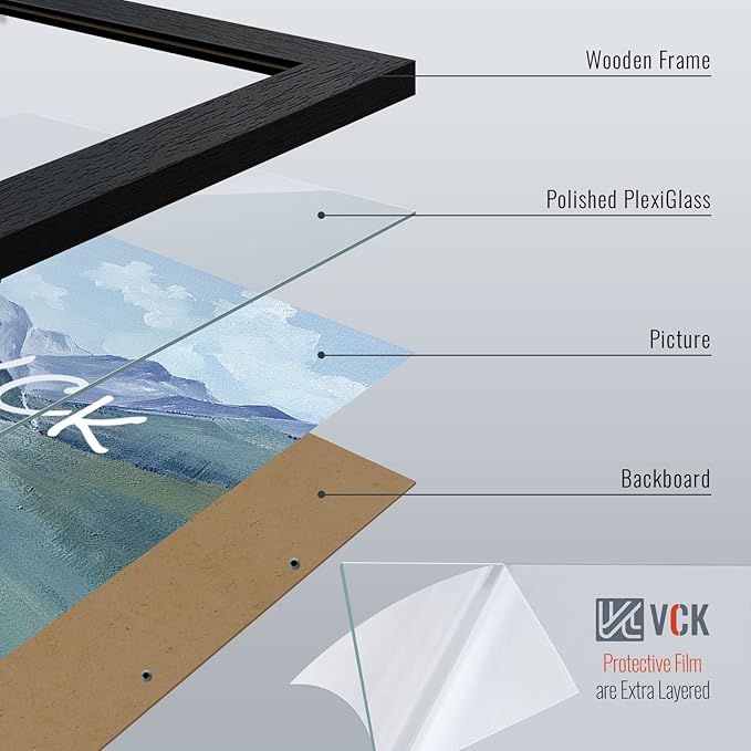 VCK 16x20 Poster Frame 4 Pack, Black Solid Wood Picture Frames with Exclusive Woodgrain, Wall Gallery Frame