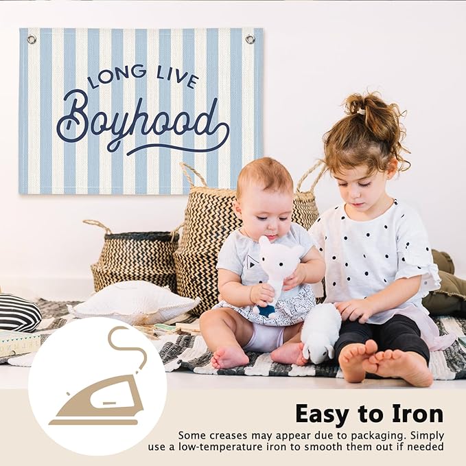 Long Live Boyhood Blue Striped Boys Room Decor - Linen Banner Wall Hanging Canvas Banner Flag Decor for Toddler Boy Bedroom Nursery Playroom