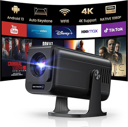 Mini 4K Projector with Wifi and Bluetooth, 1080P Full HD Smart Outdoor Portable Movie Small Projector with 270°Rotatable Stand, Android 13 OS, Auto Keystone, Support Big Screen for Home Bedroom