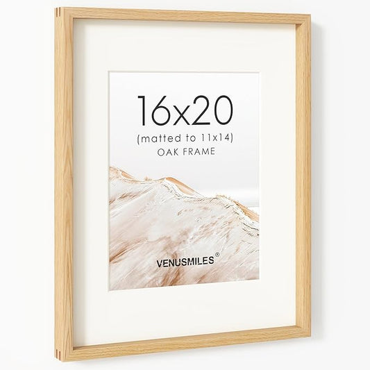 16 x 20 Picture Frame, USA-Sourced Natural Oak Wood Photo Collage Frame with HD Tempered Glass, Modern Simple 16x20 Wooden Frame Matted to 11x14, Vertical & Horizontal Wall Hanging Display