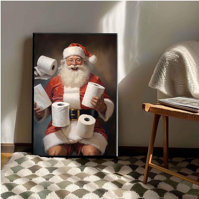 Framed Canvas Santa Bathroom Wall Art Toilet Humor Decor Vintage Christmas Holiday Wall Art Restroom Amusing Gift Santa Toilet Rolls Funny Poster 16x24in Metal blackFramed