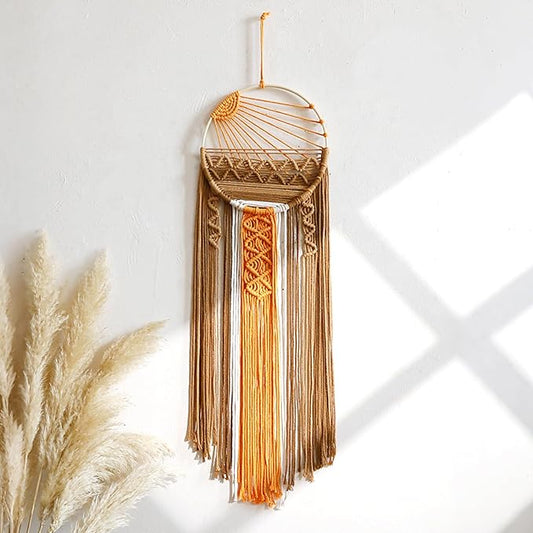 Artilady Macrame Wall Hanging Tapestry Sunrise Wall Art Boho Hanging Tapestries Large Dream Catcher, Hand Woven Orange Brown Sun Home Decorations for Bedroom Living Room Nursery