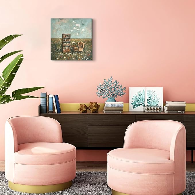 LSXARTQQ Vintage Book Nook Wall Art Whimsical Impressionist Flower Field Wall Decor Retro Book Club Home Library Decor Painting Picture Rustic Farmhouse Bookish Themed Canvas Print (12x12inch)