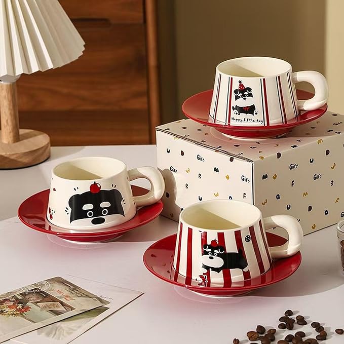Cute Dog Couple Cup with Thick Grip, Ceramic Coffee Mug with Spoon, Gifts Suitable for Birthdays, Christmas, Halloween and Family Gatherings (No Streaks)