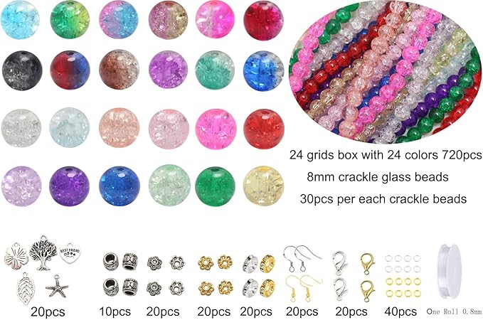 Pamir Tong 720PCS 8mm Crackle Glass Round Bulk, Bracelet Space Loose Smooth Beads for Jewelry Making Earring, Necklaces, and DIY Crafts,Keychains, Lanyards & Adult Crafting
