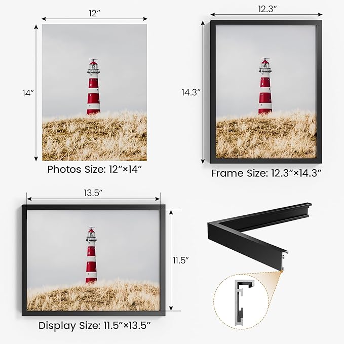 12x14 Aluminum Metal Picture Frame,Tempered Glass Black Photo Frame 12x14 for Family Photo,Posters,Art,Document to Wall Mount Horizontally or Vertically