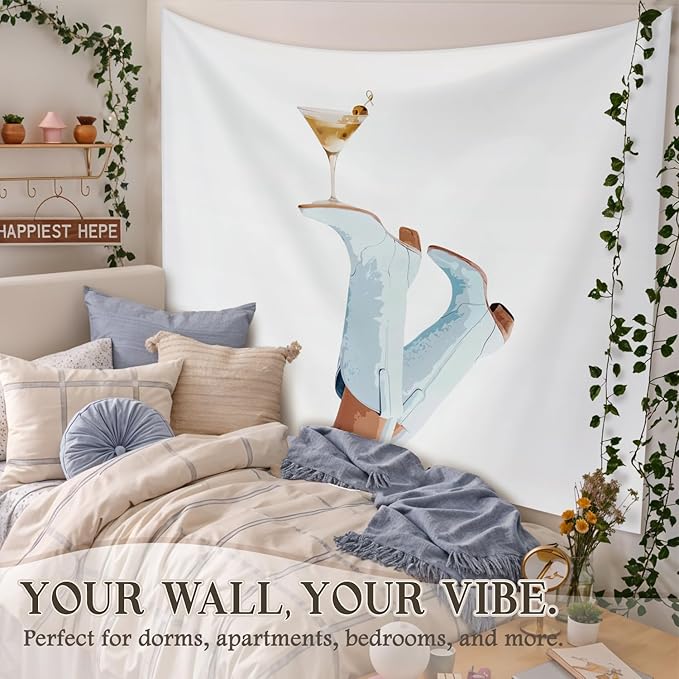STHTTSW Preppy Cowgirl Martini Tapestry, Blue Coastal Cowgirl Boot Tapestries Wall Blanket, Trendy Aesthetic Wall Hanging Decor for Teen Girl Women College Dorm Apartment Bedroom, 50x60 Inch