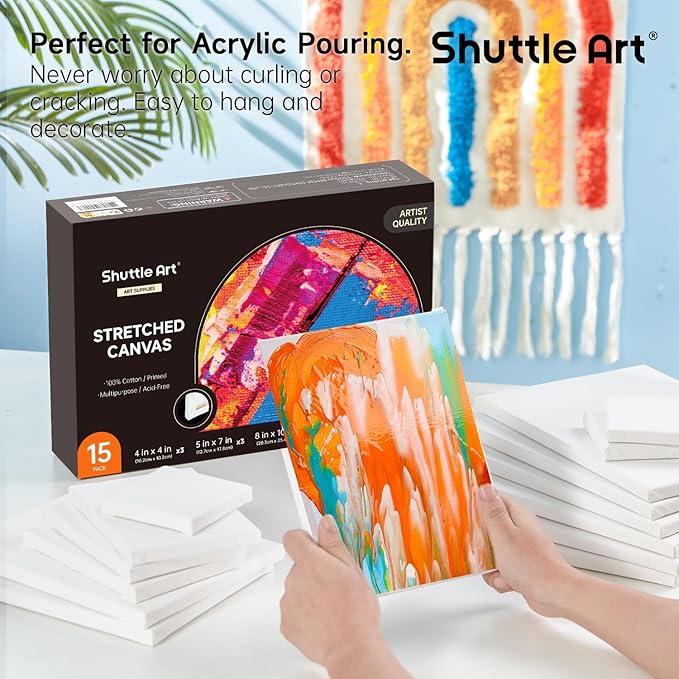 Shuttle Art Stretched Canvas, 15 Multi Pack, 4x4, 5 x 7, 8 x 10, 9x12, 11 x 14 Inches (3 of Each), 100% Cotton, Primed White Painting Canvas, Art Canvases for Acrylic, Oil, Acrylic Pouring Painting
