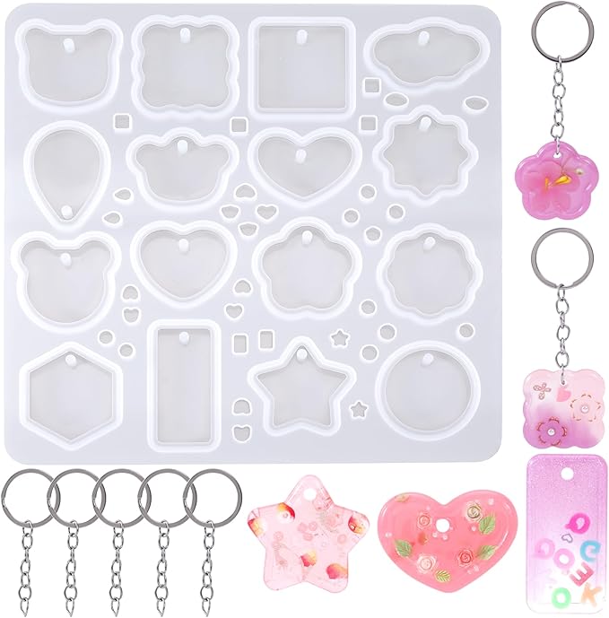 Keychain Silicone Molds for Resin, 16 Cavities Geometric Pendant Mold with 10pcs Jump Rings and 5pcs Chains, Heart Star Shape Mold for DIY Art Crafts, Key Chains, Jewelry Making