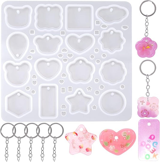 Keychain Silicone Molds for Resin, 16 Cavities Geometric Pendant Mold with 10pcs Jump Rings and 5pcs Chains, Heart Star Shape Mold for DIY Art Crafts, Key Chains, Jewelry Making