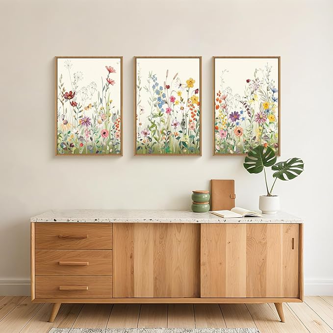 Watercolor Colorful Wildflower Framed Canvas Wall Art Set,Modern Nature Flower Wall Decor,Natural Pink Green Floral Botanical Artwork for Living Room, Bedroom,Farmhouse- 16"x24"x3