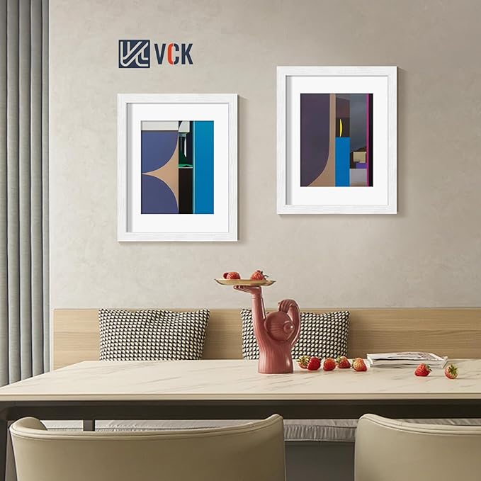VCK 16x20 Picture Frames White Set of 5, Wide Border Wood, Tempered Glass, Display 11x14 Photo with Mat or 16 x 20 without, for Home, Office, Gallery, Woodgrain Series, Wall Hanging