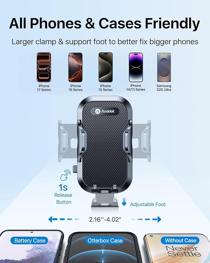 andobil Military-Grade Cup Phone Holder for Car/Truck, [2025 Enhanced] 13" 360° Adjustable Gooseneck w/Anti-Shake Car Mount, Universal Car Phone Holder for iPhone/Samsung/Pixel All 4.0-7.0" Devices