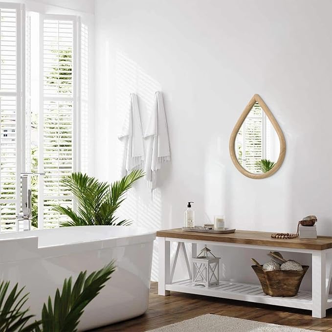 Small Wall Mirror Decorative Farmhouse Rustic Teardrop Wall Hanging Mirrors Walnut Wood Framed Irregular Mirror for Bathroom Living Room Bedroom Entrance