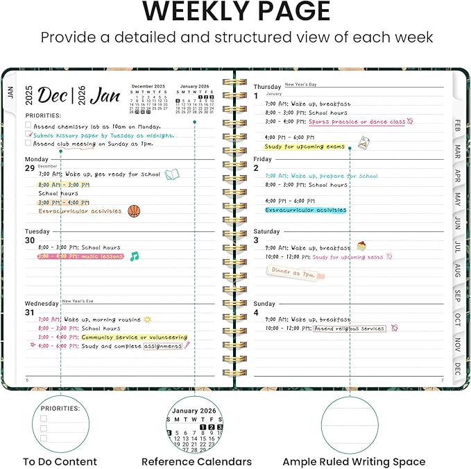 2026 Planner, Weekly and Monthly Calendar Planner for Women, Jan 2026 - Dec 2026, Hardcover Planning Agenda book with Tabs, Spiral Bound, Inner Pocket, Perfect for School Office Supplies, 6.3" x 8.5" - Botanical Waltz