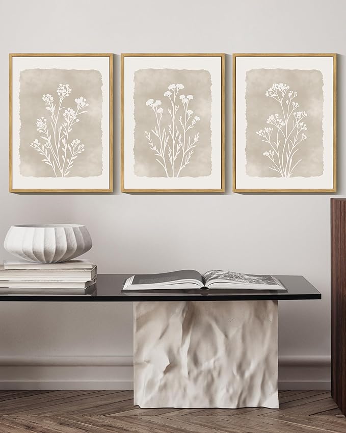 KUVIOKE Boho Botanical Flower Framed Wall Art Farmhouse Vintage Floral Wall Painting Rustic Wildflower Neutral Prints Artwork Home Decor 12x16in (Natural Framed)