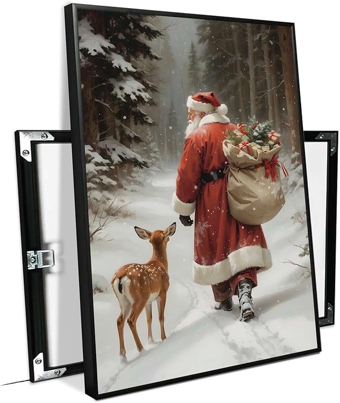 Framed Canvas Wall Art Vintage Santa Claus Print Christmas Wall Art Reindeer Painting Christmas Holiday Decor Winter Forest Painting 20x30in Metal blackFramed