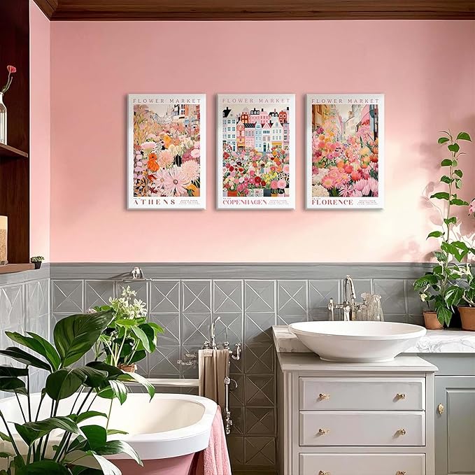 XLARTMY Flower Market Wall Art Print Canvas Framed Pink Floral Paintings Colorful Botanical Sunflower Artwork Travel Poster for Decor Picture 3 pieces for Living Room Bedroom Bathroom 16x24in