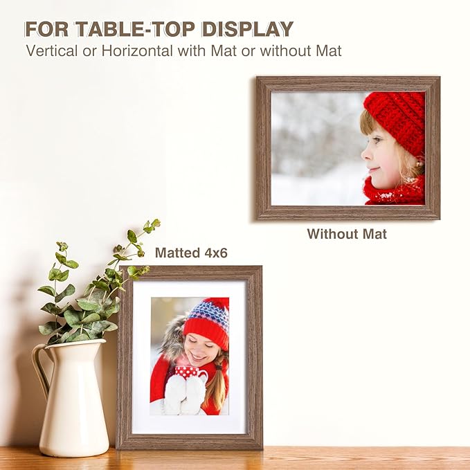 KINLINK A5 Picture Frame, Brown Wood Solid Wood Frames with Acrylic Plexiglass for Pictures 4x6 with Mat or A5 without Mat, Tabletop and Wall Mounting Display 4 Pack