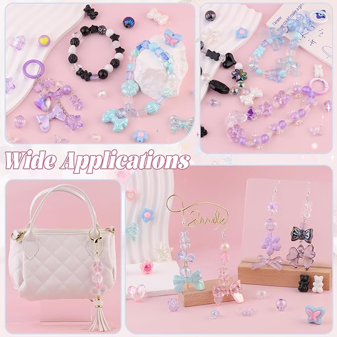 200-260PCS TINKRSTUFF Assorted Acrylic Beads Black Cute Beads for Bracelet Making, Flower Bow Butterfly GummyBear Kawaii Charms, Aesthetic Bead for Necklace Keychain Jewelry Making DIY Phone Charm