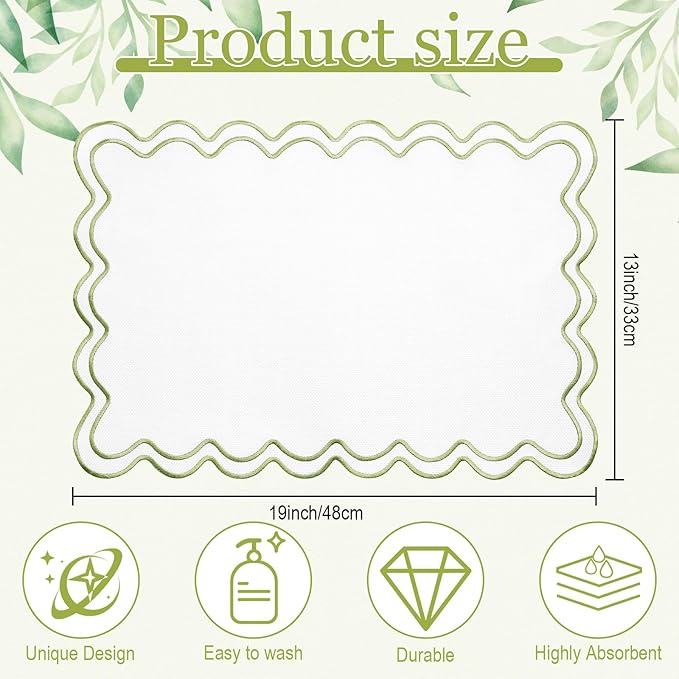 12 Set Linen Placemat 13x19 Wavy Embroidery Scalloped Placemat Double Layered Washable Farmhouse Dinner Table Mat Fabric Napkin for Christmas Hotel Restaurant Wedding Party(Grass Green)