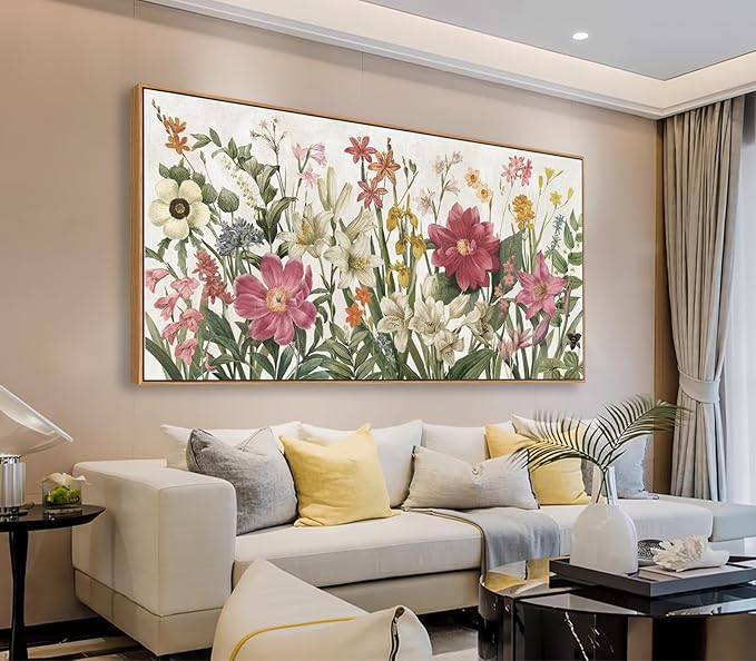arteWOODS Botanical Framed Wall Art - Flowers Canvas Pictures Wall Decor Wildflowers Plants Painting Artwork Red Beige Blooming Floral Prints for Living Room Bedroom 48 x 24in Natural Wood Frame