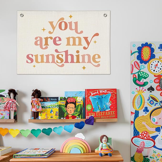 Girls Room Decor, Baby Girl Nursery Baby Shower Decor Gift, You are My Sunshine Linen Canvas Banner, Pink Boho Wall Hanging Banner Flag 20x30 Inch