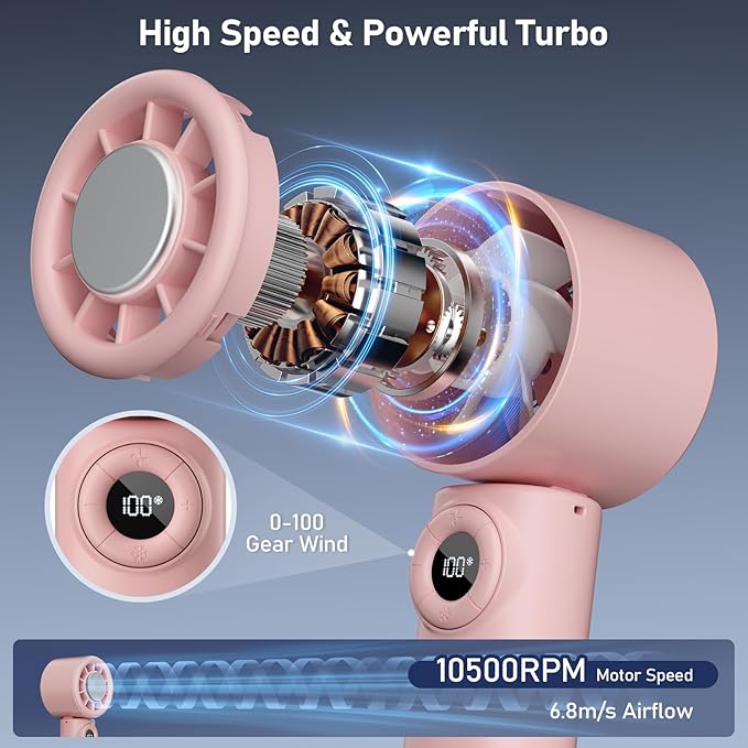 CIVPOWER Handheld Fan: Portable Small Ice Cooling Plate- 4000mAh Rechargeable 100 Gear High-Speed Turbo 10500 RPM - Personal Foldable Battery Operated for Travel Indoor Outdoor Women Men (Pink)