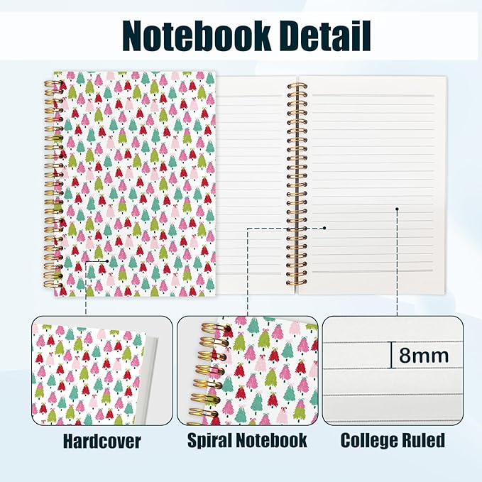 Coquette Christmas Tree Spiral Notebook, Preppy Colorful Christmas Aesthetic Journal for School Office Supplies, Girly Xmas Winter Holiday Hardcover Journal 5.5x8.3 Inch