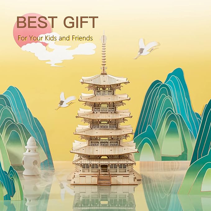 ROBOTIME 3D Puzzle Wooden Craft Kits for Adults DIY Model Building Kit Best Gift for Kids (Five-Storied Pagoda)