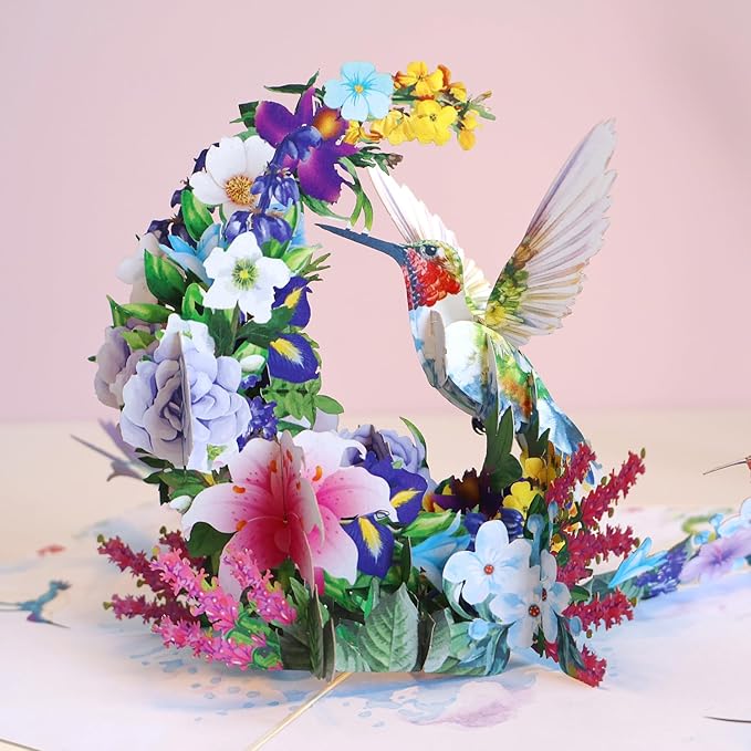 Hummingbird Pop Up Card – Handmade 3D Flower Birthday Card for Mom or Women – Encouragement or Thinking of You Greeting Card