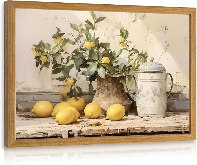 LLEEMPI Vintage Lemon Wall Art, Country Botanical Wall Decor, Yellow Fruit Still Life Canvas Painting, Rustic Farmhouse Poster Print for Kitchen Living Room Bathroom Bedroom Wood Framed 12x16 Inch