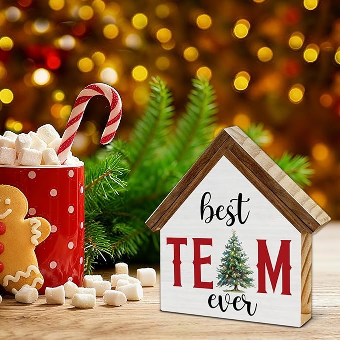 Christmas Office Decorations, Best Team Ever Gifts for Coworkers Employees, Office Christmas House Shaped Wooden Sign Decor for Desk Table Shelf