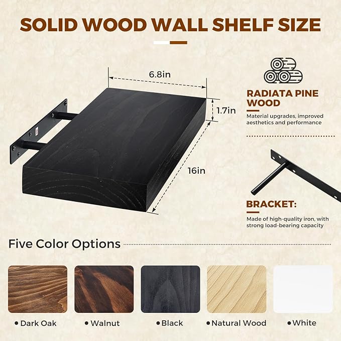 Floating Wall Shelf 16x6.8x1.7 Inch – Solid Wood Shelf in Black Finish – Wall Mounted Rustic Display Organizer for Bathroom, Kitchen, Bedroom, Small Spaces – Set of 3