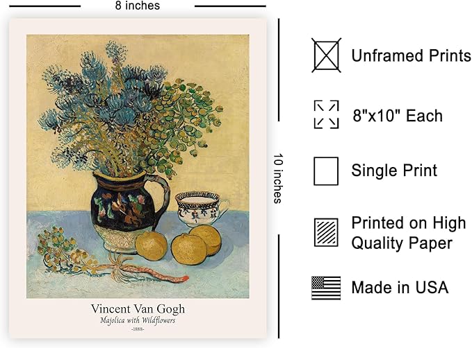 Monem Art Vintage Van Gogh Poster - Retro Majolica with Wildflowers Print - Impressionism Art - Flower Art - Fine Art - Classic Painting Art - Floral Living Room Decor - 8x10 UNFRAMED Wall Art