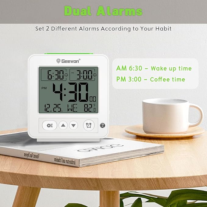 Geevon Smart Night Light Small Digital Alarm Clock with 2 Increasing Beep Alarm, Indoor Temperature, Battery Operated Travel Clock for Bedroom, Bedside, Desk(White)
